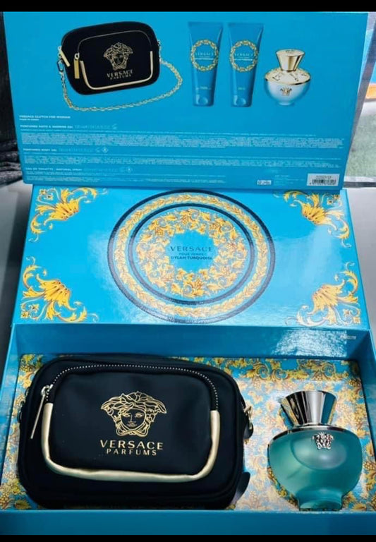 Versace Pour Femme Dylan Turquoise Versace set 4 piezas: 100ml EDT, bolso negro, crema y gel de ducha
